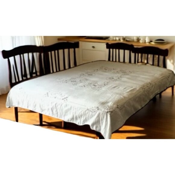 Hand Embroidered Beige Linen Tablecloth & 6 White Napkins Cut Outs - Picture 1 of 16